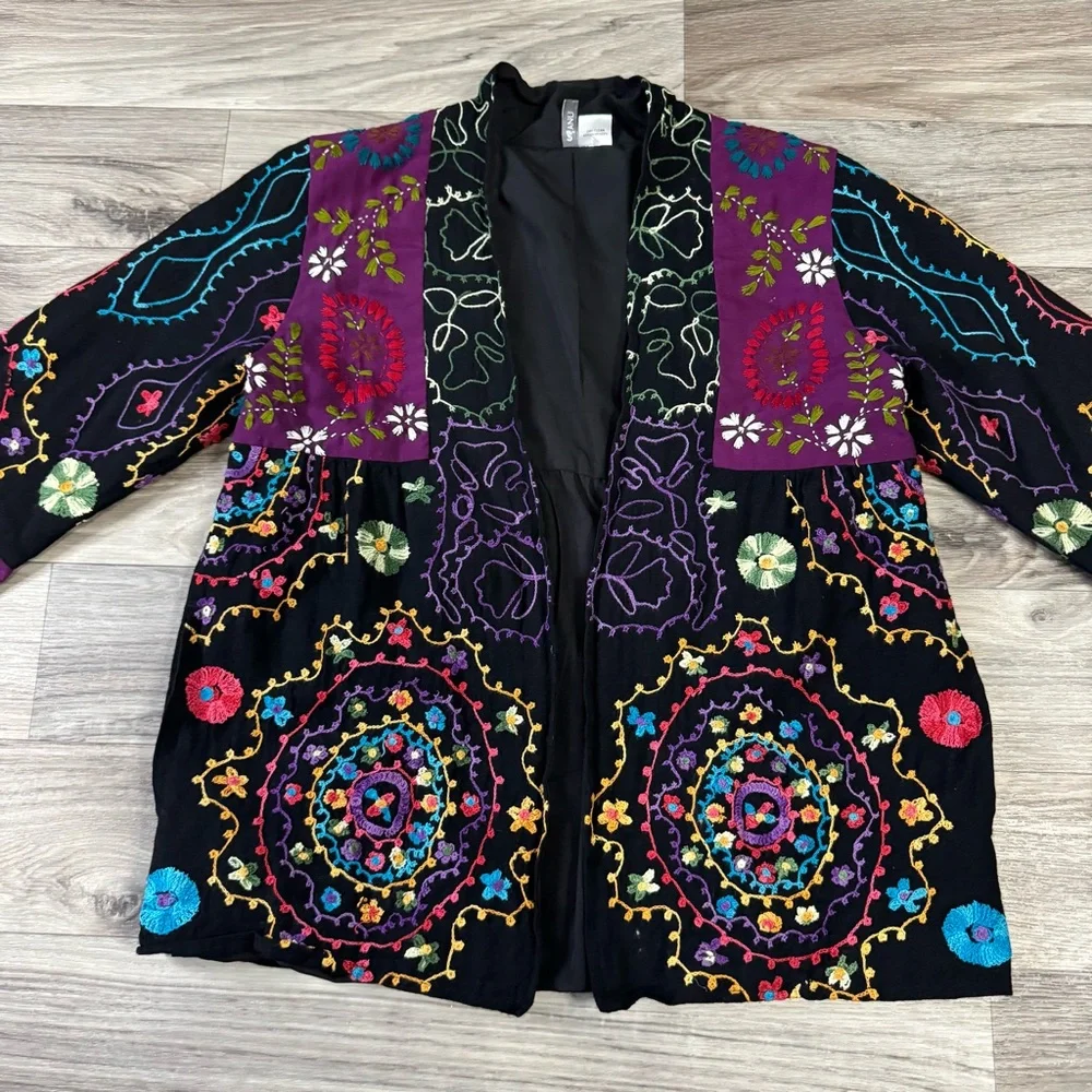 Anu Floral Embroidered Wool Blend Open Front Cardigan Jacket Size Small